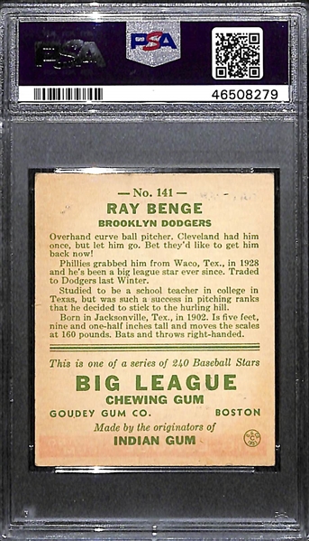 1933 Goudey Ray Benge #141 PSA 2.5 (Autograph Grade 7) - Only 2 Graded Higher of 12 PSA Examples, d. 1997