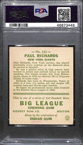 1933 Goudey Paul Richards #142 PSA 4.5 (Autograph Grade 5) - Pop 1 (None Graded Higher of 9 PSA Examples)  d. 1986