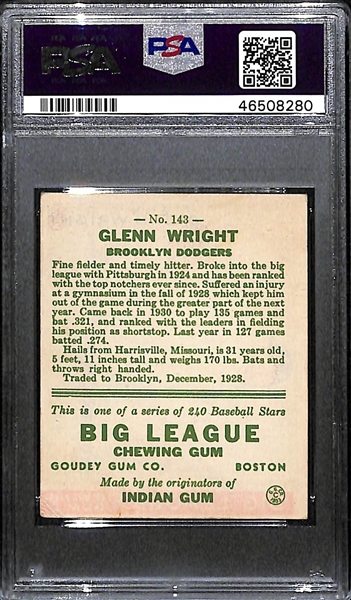 1933 Goudey Glenn Wright #143 PSA 2.5 (Autograph Grade 8) - Pop 1 (None Graded Higher of 6 PSA Examples)  d. 1984