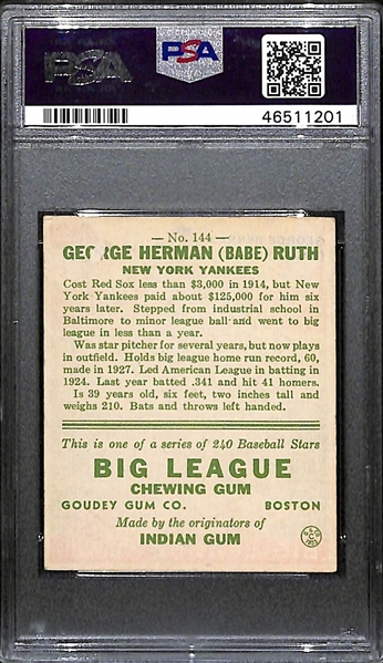 1933 Goudey Babe Ruth #144 PSA 3.5 (Autograph Grade 6) - Only 2 Graded Higher of 6 PSA Examples, d. 1948 - Includes JSA LOA