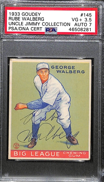 1933 Goudey Rube Walberg #145 PSA 3.5 (Autograph Grade 7) - Pop 1 (Highest Grade of Only 4 PSA Examples), d. 1978