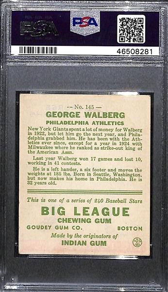 1933 Goudey Rube Walberg #145 PSA 3.5 (Autograph Grade 7) - Pop 1 (Highest Grade of Only 4 PSA Examples), d. 1978