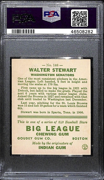 1933 Goudey Walter Lefty Stewart #146 PSA 5 (Autograph Grade 9) -  - Pop 1 (Highest Grade of Only 4 PSA Examples), d. 1974