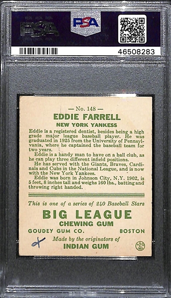 Rare 1933 Goudey Eddie Doc Farrell #148 PSA 3 MK (Autograph Grade 7) - Pop 1 (Highest Grade of Only 2 PSA Examples), d. 1966