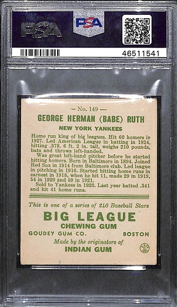 1933 Goudey Babe Ruth #149 PSA 4.5 (Autograph Grade 6) - Pop 1 (Highest Grade of 3 PSA Examples!), d. 1948 - Includes JSA LOA