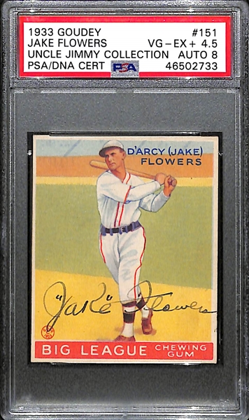 1933 Goudey Jake Flowers #151 PSA 4.5 (Autograph Grade 8) - Pop 2 - None Graded Higher of Only 3 PSA Examples!  d. 1962