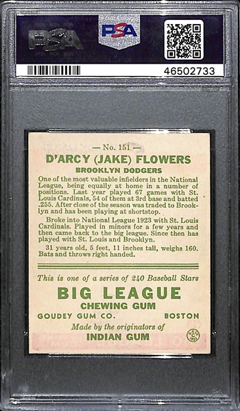 1933 Goudey Jake Flowers #151 PSA 4.5 (Autograph Grade 8) - Pop 2 - None Graded Higher of Only 3 PSA Examples!  d. 1962