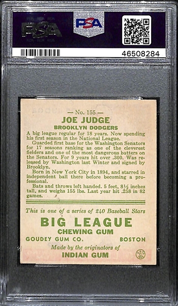 1933 Goudey Joe Judge #155 PSA 4 (Autograph Grade 7) - Pop 1 (Highest Grade of 3 PSA Examples!), d. 1963