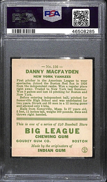 1933 Goudey Danny MacFayden #156 PSA 5 (Autograph Grade 8) - Pop 1 (Highest Grade of 4 PSA Examples by 5 Grades!), d. 1972