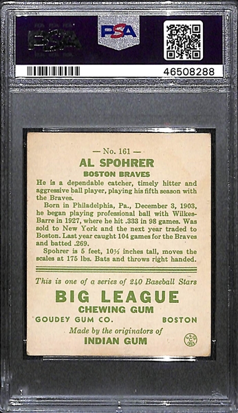 1933 Goudey Al Spohrer #161 PSA 3.5 (Autograph Grade 7) - Pop 1 (Highest Grade of 7 PSA Examples and Only Non-Authentic Grade!), d. 1972