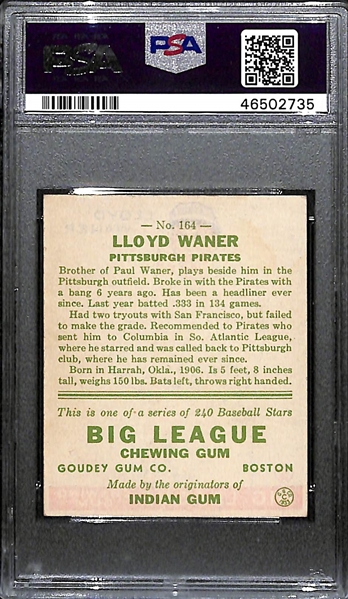 1933 Goudey Lloyd Waner (HOF) #164 PSA 4 (Autograph Grade 9) - Pop 3 (None Graded Higher of 17 PSA Examples), d. 1982