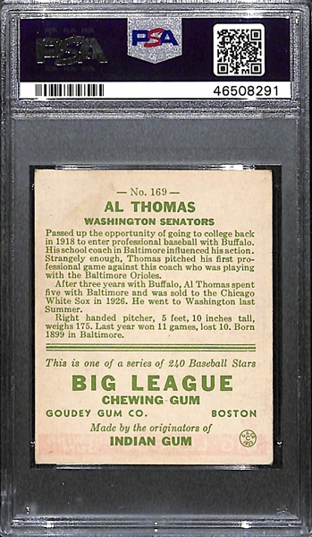 1933 Goudey Al Thomas #169 PSA 2.5 (Autograph Grade 8) - Only 1 Graded Higher of 8 PSA Examples! d. 1988