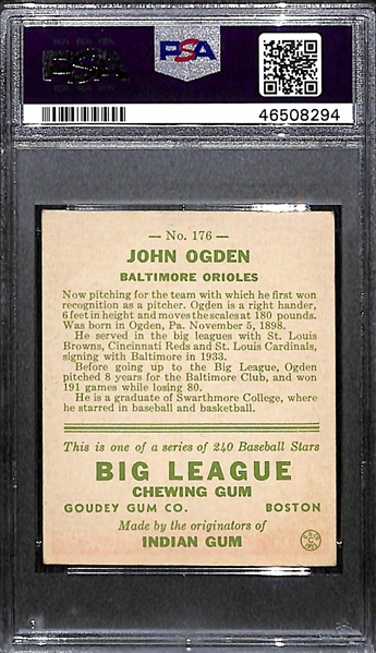 1933 Goudey John Ogden #176 PSA 4.5 (Autograph Grade 8) - Pop 1 (Highest Grade of 6 PSA Examples and Only Non-Authentic!), d. 1971
