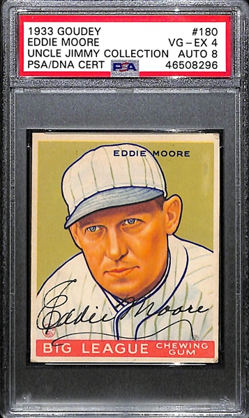 1933 Goudey Eddie Moore #180 PSA 4 (Autograph Grade 8) - Pop 1 (Highest Grade of 4 PSA Examples and Only Non-Authentic!), d. 1976