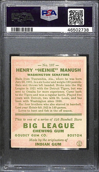 1933 Goudey Heinie Manush #187 PSA 4 (Autograph Grade 8) - Only 1 of 7 PSA Examples is Graded Higher! d. 1971