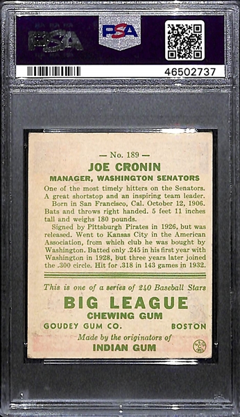 1933 Goudey Joe Cronin (HOF) #189 PSA 4 (Autograph Grade 8) - Only 1 of 11 PSA Examples Graded Higher!
