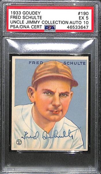 1933 Goudey Fred Schulte #190 PSA 5 (Autograph Grade 10) - Pop 1 (Highest Grade of 9 PSA Examples!), d. 1983
