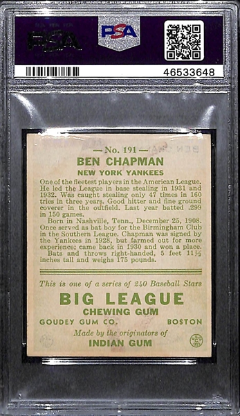 1933 Goudey Ben Chapman #191 PSA 5 (Autograph Grade 8)  - Pop 1 (Highest Grade of 7 PSA Examples!), d. 1993