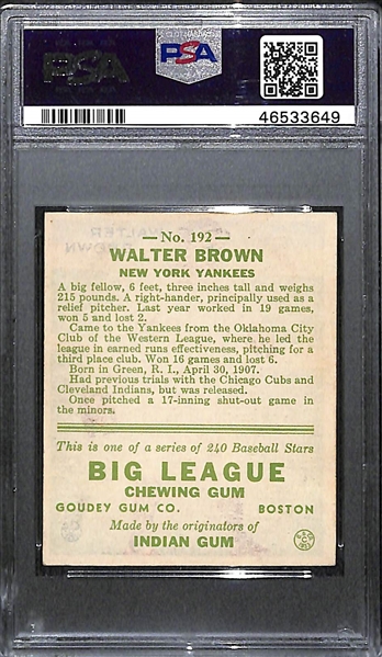 1933 Goudey Walter Brown #192 PSA 4 (Autograph Grade 7) - Pop 1 (Highest Grade of 4 PSA Examples and Only Non-Authentic!), d. 1978
