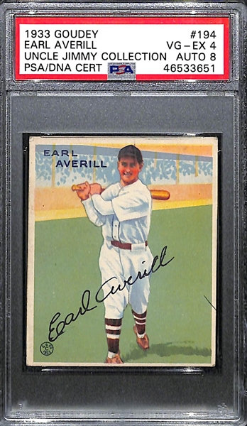 1933 Goudey Earl Averill #194 PSA 4 (Autograph Grade 8) - Only 1 of 15 PSA Examples Are Graded Higher! d. 1983