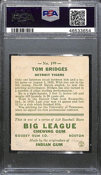 1933 Goudey Tommy Bridges #199 PSA 4 (Autograph Grade 9) - Pop 1 (Highest Grade of 3 PSA Examples and Only Non-Authentic!), d. 1968