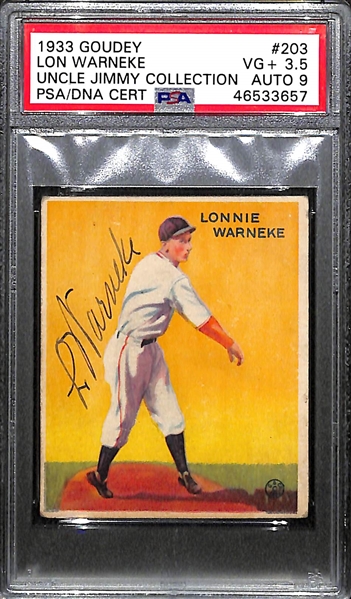 1933 Goudey Lon Warneke #203 PSA 3.5 (Autograph Grade 9) - Pop 1 (Highest Grade of 6 PSA Examples and Only Non-Authentic!), d. 1976