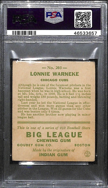 1933 Goudey Lon Warneke #203 PSA 3.5 (Autograph Grade 9) - Pop 1 (Highest Grade of 6 PSA Examples and Only Non-Authentic!), d. 1976