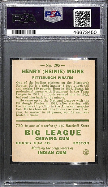 1933 Goudey Heine Meine #205 PSA 5.5 (Autograph Grade 7) - Pop 1 (Highest Grade of 3 PSA Examples and Only Non-Authentic!), d. 1968