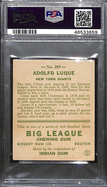 1933 Goudey Adolfo Luque #209 PSA 6 (Autograph Grade 9) - Pop 1 (Highest Grade of 3 PSA Examples!), d. 1957