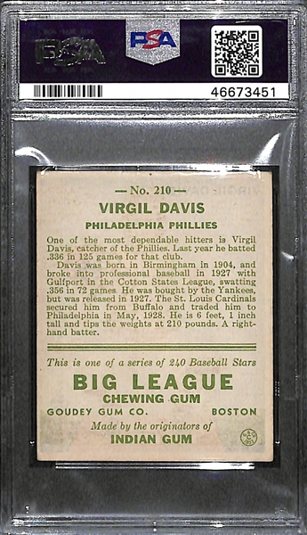 1933 Goudey Virgil Spud Davis #210 PSA 2 (Autograph Grade 7) - Only 2 Graded Higher! d. 1984