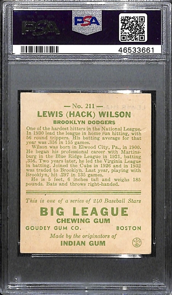 1933 Goudey Hack Wilson #211 PSA 4 (Autograph Grade 9) - Pop 1 (Highest Grade of 4 PSA Examples!), d. 1948