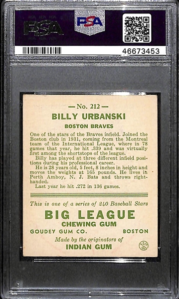 1933 Goudey Billy Urbanski #212 PSA 5.5 (Autograph Grade 8) - Pop 1 (Highest Grade of 3 PSA Examples!), d. 1973