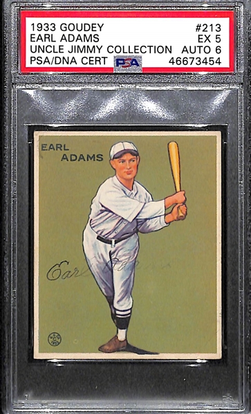 1933 Goudey Earl Sparky Adams #213 PSA 5 (Autograph Grade 6) - Pop 1 (Highest Grade of 7 PSA Examples!), d. 1989