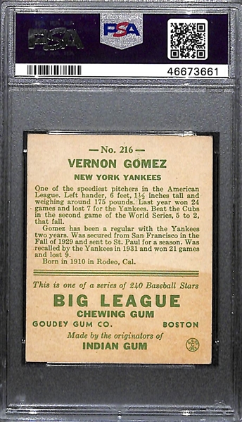 1933 Goudey Lefty Gomez (HOF) #216 PSA 4 (Autograph Grade 8) - Only 2 PSA Examples Graded Higher! d. 1989