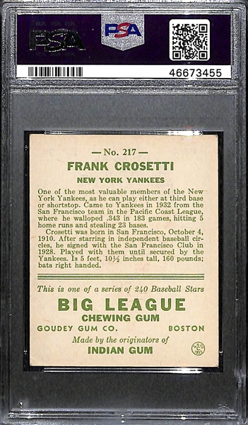 1933 Goudey Frank Crosetti #217 PSA 4 (Autograph Grade 8) - Pop 2 (None Graded Higher), d. 2002