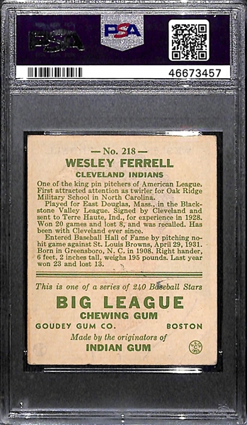 1933 Goudey Wes Ferrell #218 PSA 4 (Autograph Grade 8) - Only 2 of 8 PSA Examples Graded Higher, d. 1976