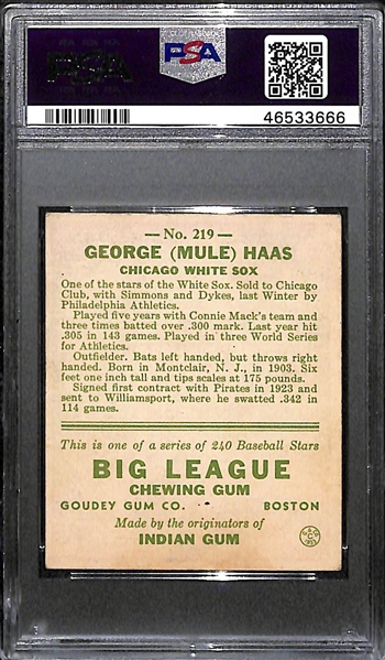 1933 Goudey Mule Haas #219 PSA 4.5 (Autograph Grade 8) - Pop 1 (Highest Grade of 6 PSA Examples!), d. 1974