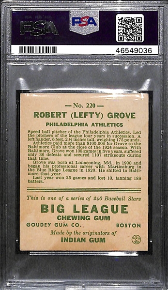 1933 Goudey Lefty Grove (HOF) #220 PSA Authentic (Autograph Grade 7) - Only 2 PSA Examples Graded Higher! d. 1975