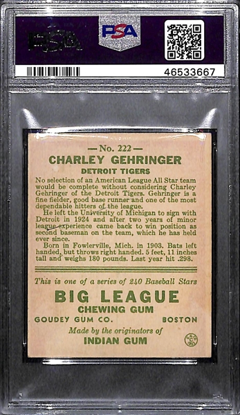 1933 Goudey Charlie Gehringer (HOF) #222 PSA 5 MK (Autograph Grade 7) - Highest PSA Grade.  d. 1993