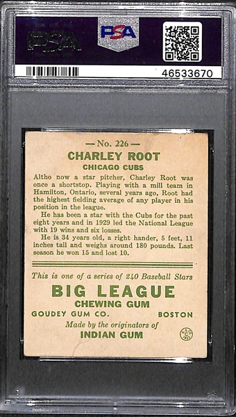 1933 Goudey Charlie Root #226 PSA 4.5 (Autograph Grade 7) - Pop 1 (Highest Grade of 3 PSA Examples, Other Authentic!), d. 1970