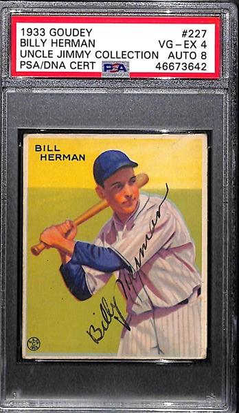 1933 Goudey Billy Herman (HOF) #227 PSA 4 (Autograph Grade 8), Pop 2 (Only 2 of 11 Examples Graded Higher) d. 1992