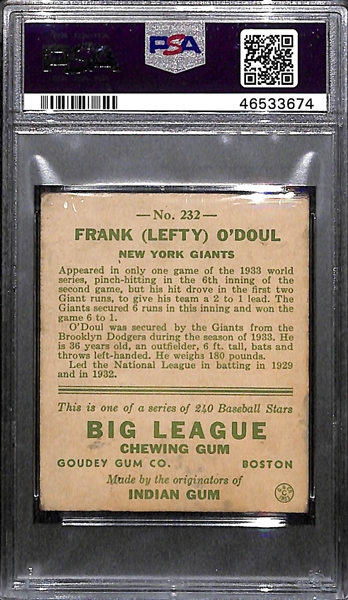 1933 Goudey Lefty O'Doul #232 PSA 4 (Autograph Grade 7) - Pop 1 (Highest Grade of 5 PSA Examples!), d. 1969