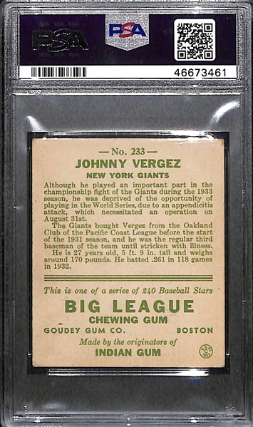 1933 Goudey Johnny Vergez #233 PSA 4 (Autograph Grade 7) - Pop 1 (Highest Grade of 13 PSA Examples!), d. 1991