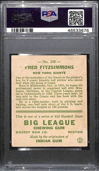 1933 Goudey Fred Fitzsimmons #235 PSA 5.5 (Autograph Grade 8) - Pop 1 (Highest Grade of 7 PSA Examples!), d. 1979
