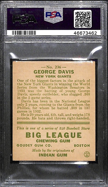 1933 Goudey George Kiddo Davis #236 PSA 6 (Autograph Grade 9) - Pop 1 (Highest Grade of 11 PSA Examples!), d. 1983