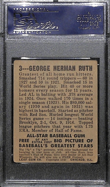 1948 Leaf Babe Ruth #3 Graded PSA 3 