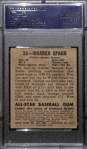 1948 Leaf Warren Spahn #32 Rookie Card Graded PSA 2