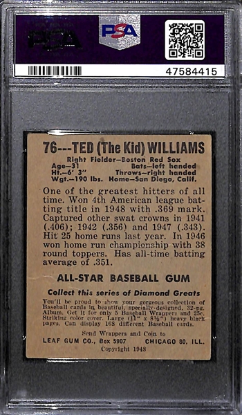1948 Leaf Ted Williams #76 Graded PSA 1(MK)