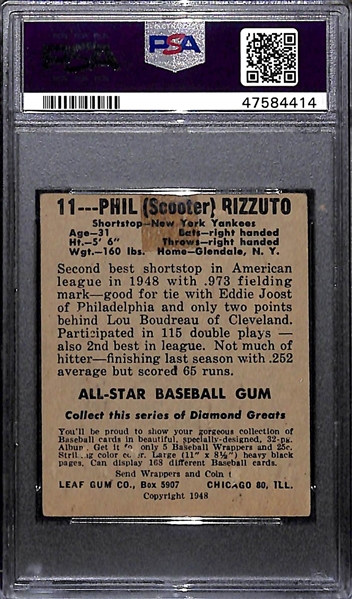 1948 Leaf Phil Rizzuto Rookie Card #11 Graded PSA 1