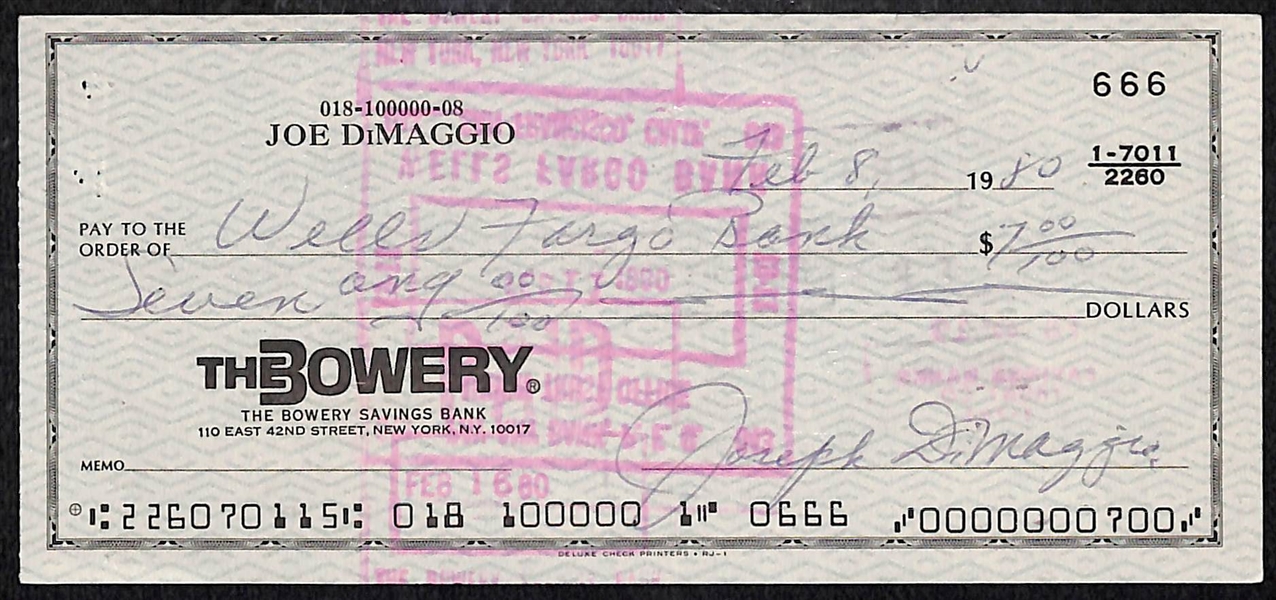 Joe DiMaggio Signed Joseph DiMaggio Bank Check - JSA LOA (On an Original Joe DiMaggio Personal Check)